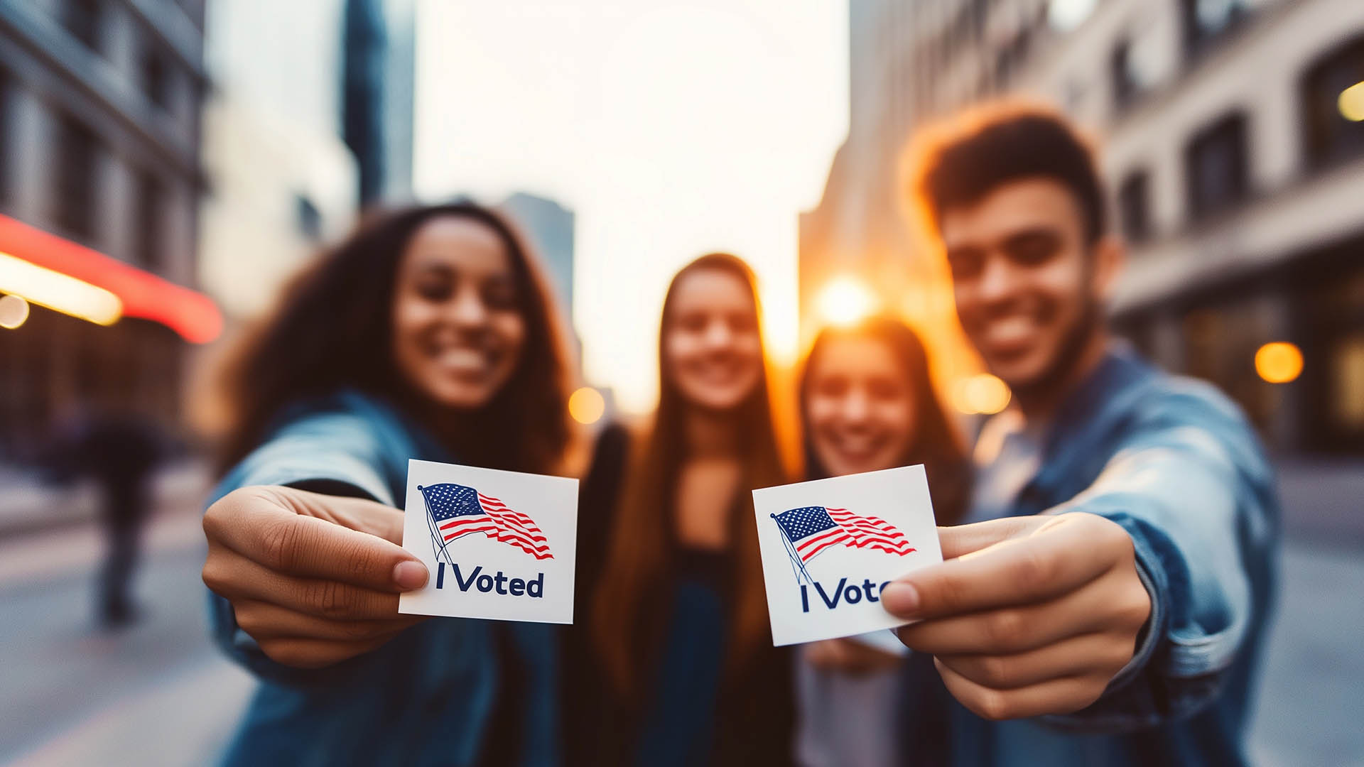 Young adults with I Voted stickers Young adults with I Voted stickers